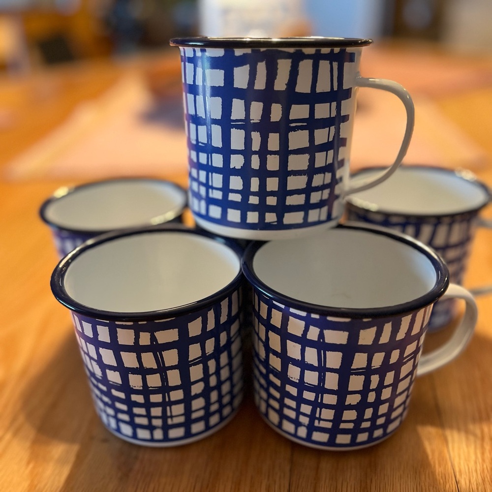Enamelware - Blue Grid Enamel Coffee Mugs - Set of (6) - 16 oz each